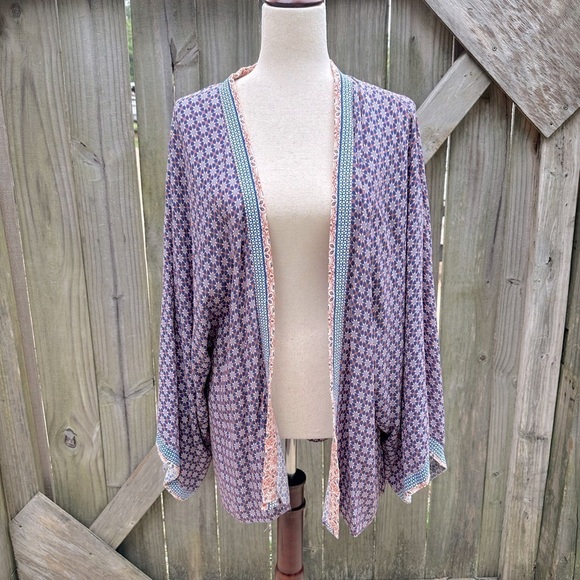 Sim & Sam Boho Geometric Printed Smocked Back Flowy Summer Kimono Cardigan - Picture 1 of 7
